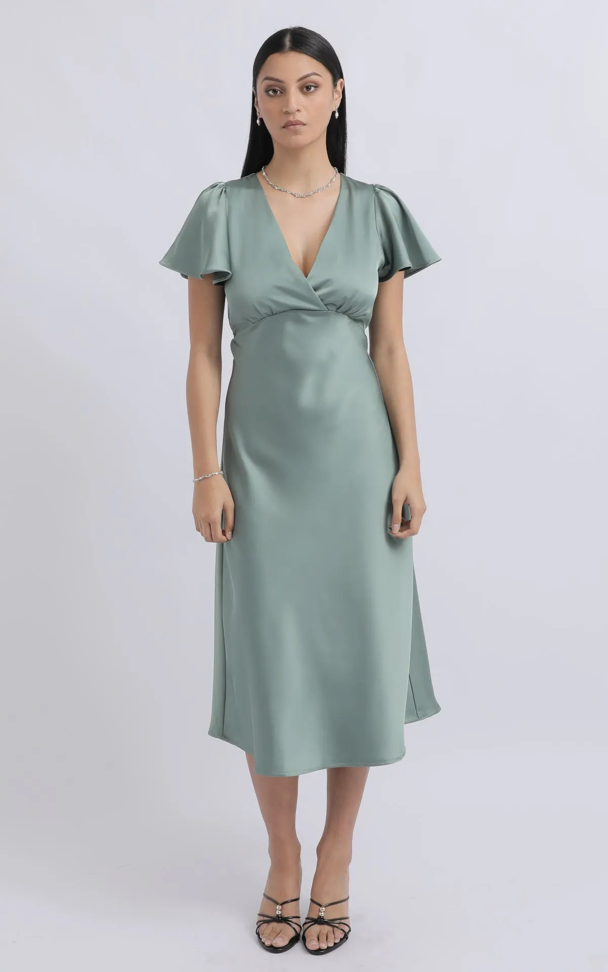 Satin Flutter Sleeve Midi Dress