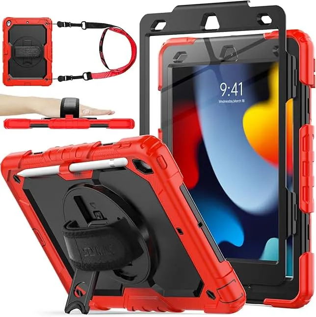 SEYMAC stock Case for iPad 9th/ 8th/ 7th Generation 10.2'', Shockproof with Screen Protector, Pencil Holder [360° Rotating Hand Strap] & Stand, for iPad 10.2 inch 2021-2019 (SiliconeRed+Black)