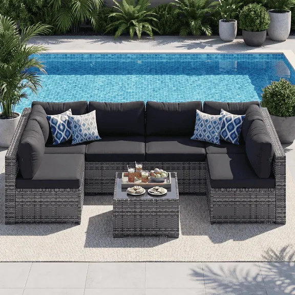 LazySunsets 7 Pieces Patio Conversation Set, Rattan Wicker Outdoor Sectionals with 6 Sofas and 1 Coffee Table, Black/Gray $299.99 Was $399.99