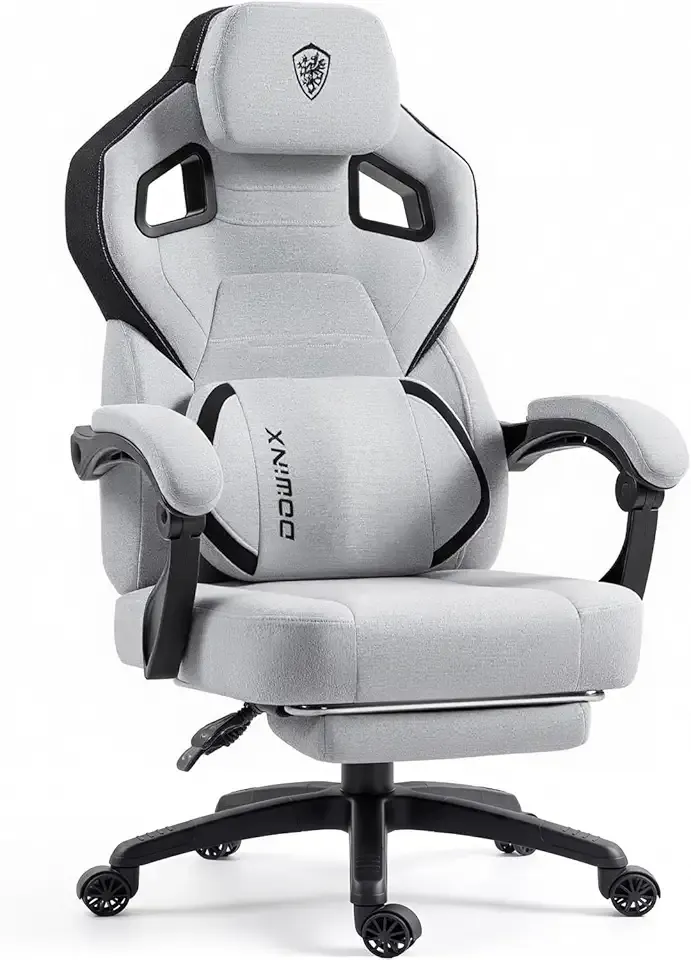 Dowinx Big and Tall Gaming Chair with Footrest, Gray | Breathable woven fabric with lumbar support and extra-wide seat back; big-and-tall frame fits larger, heavier users.