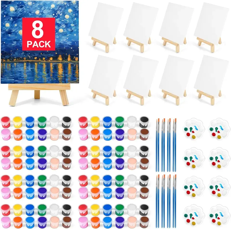 8 Pack 8 * 10In Canvas Boards for Painting, Art Canvas for Drawing with 16 Brushes & 8 Paint Trays & 16 Acrylic Paint, Mini Painting Canvas with Easel Set, Painting Kits for Adults Party