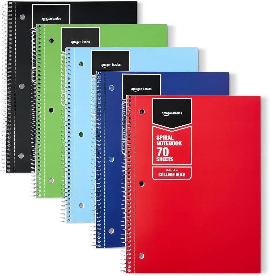 Amazon Basics College Ruled Spiral Notebook, For Work and School, 70 Sheets, 8" x 10.5", Assorted Solid Colors, 5 pack