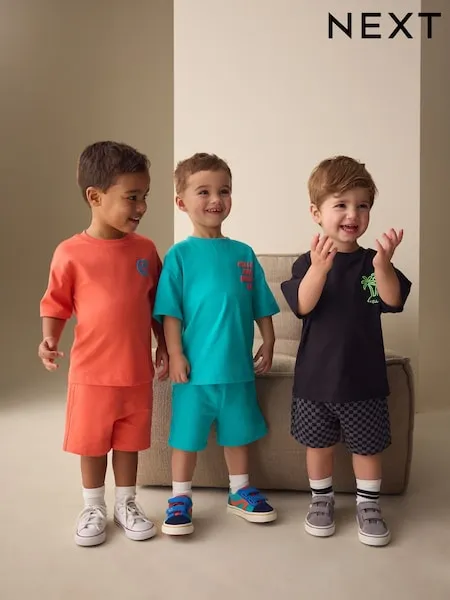 Blue/Green/Neutral Textured Short Sleeve T-Shirt and Shorts Set 3 Pack (3mths-7yrs)