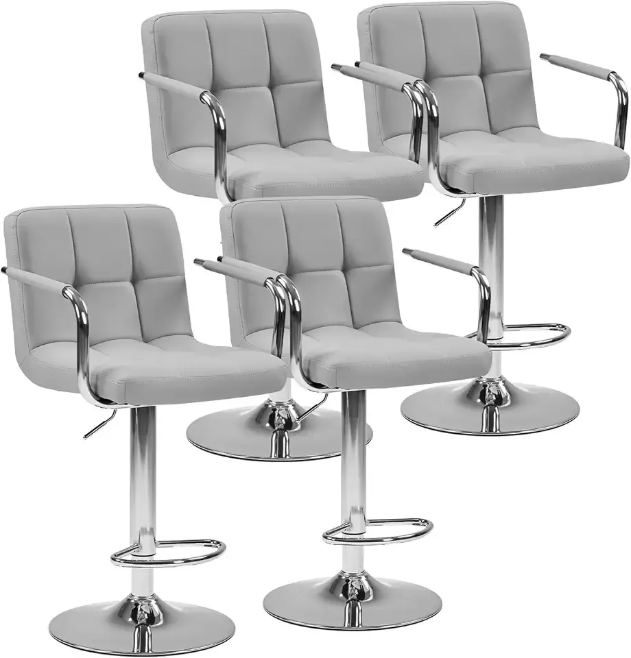 DUMOS Bar Stools Set of 4, Adjustable Swivel Bar Chairs with Padded Armrests and Ergonomic Backrest for Kitchen Island Counter Pub Dining Room, Water-Resistant PU Leather, Grey