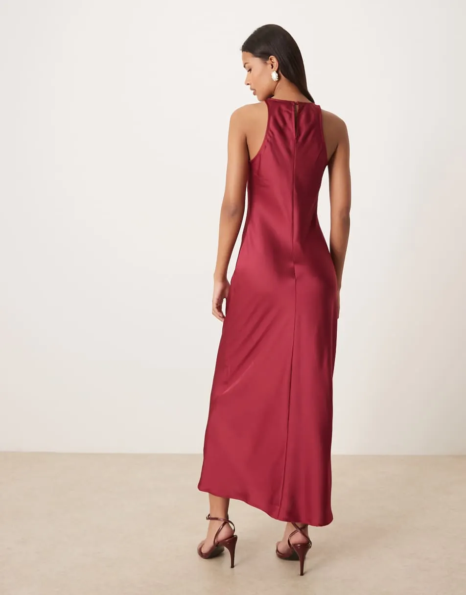 Vila racer satin midaxi dress in burgundy
