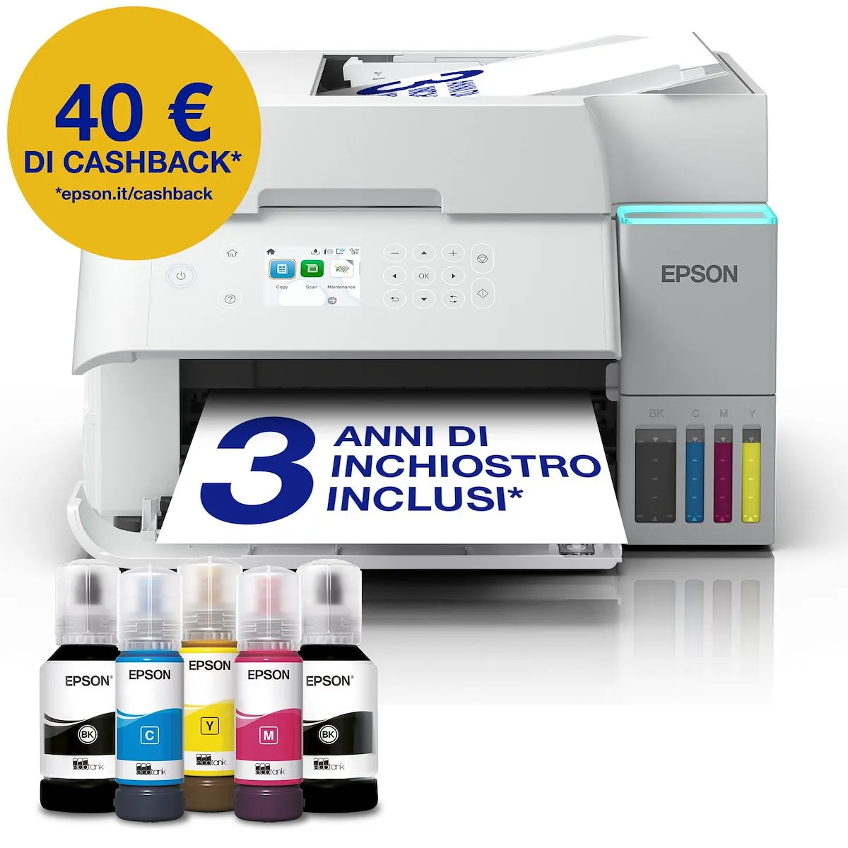 EPSON - EcoTank ET - 3956 Stampante Inkjet Multifunzione A4, serbatoi ricaricabili, 3 anni inchiostro inclusi, 40 € di cashback*