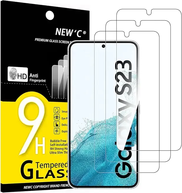 NEW'C for Samsung Galaxy S23 Screen Protector Tempered Glass Bubble Free | 3 Pack, HD Clear, 6.1 Inches, 9H Hardness, Scratch Resistant, Bubble Free, Oleophobic, Touch Sensitive