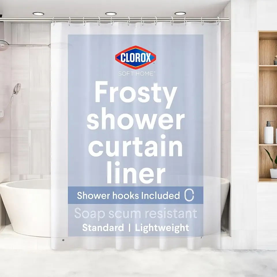 Clorox Shower Curtain Liner & Hooks, Premium Lightweight Flexible Waterproof 4g PEVA for Bathroom with Weighted Magnets, Standard Size 70" x 72", Frosty 1 Pack