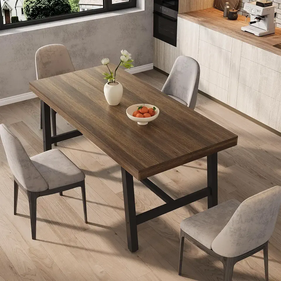 Garvee 63" 6 Person Dining Table, Industrial Kitchen Table, Brown
