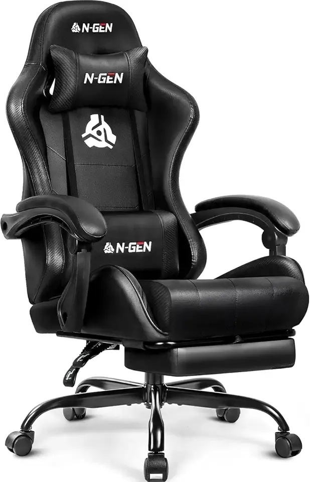 N-GEN GAMING Video Gaming Chair with Footrest Lumbar Support for Home Office High Back Recliner Height Adjustable Ergonomic Comfy Leather Computer Desk Chair (Carbon Black)