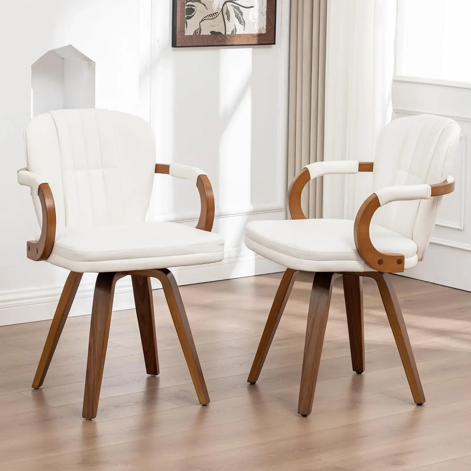 Swivel Dining Chairs Set of 2 Mid Century Modern White Faux Leather Upholstered Kitchen Chairs with Bentwood Frame Armrests Side Chairs,Comfortable Ergonomic Wood Accent Chair No Wheels