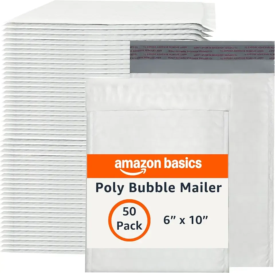 Amazon Basics Poly Bubble Self-Seal Mailers, Tear and Water Resistant Shipping Bags, 6" x 10", White/Grey, 50-Pack