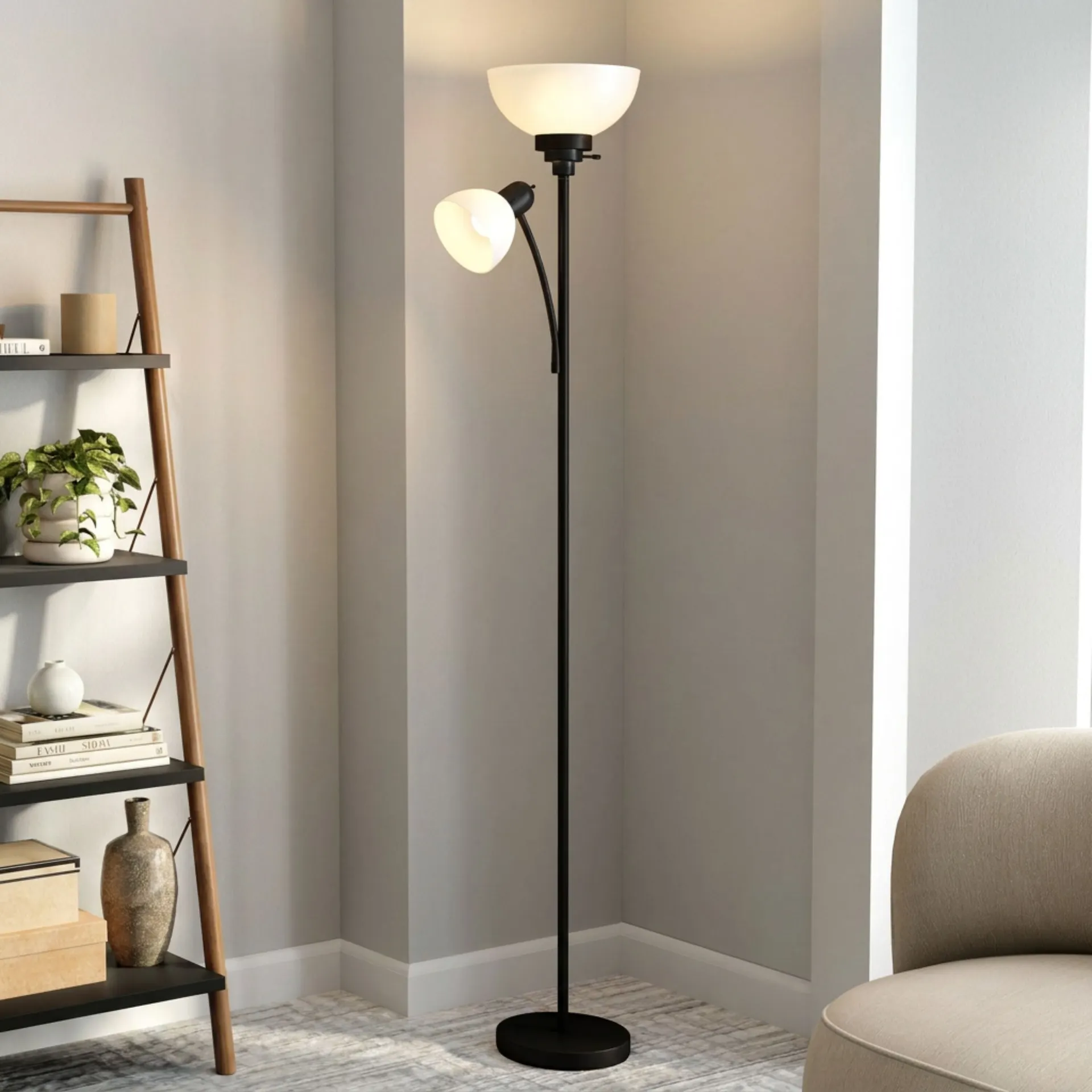 71-in Matte Black Torchiere with side-light Floor Lamp with Plastic Shade
