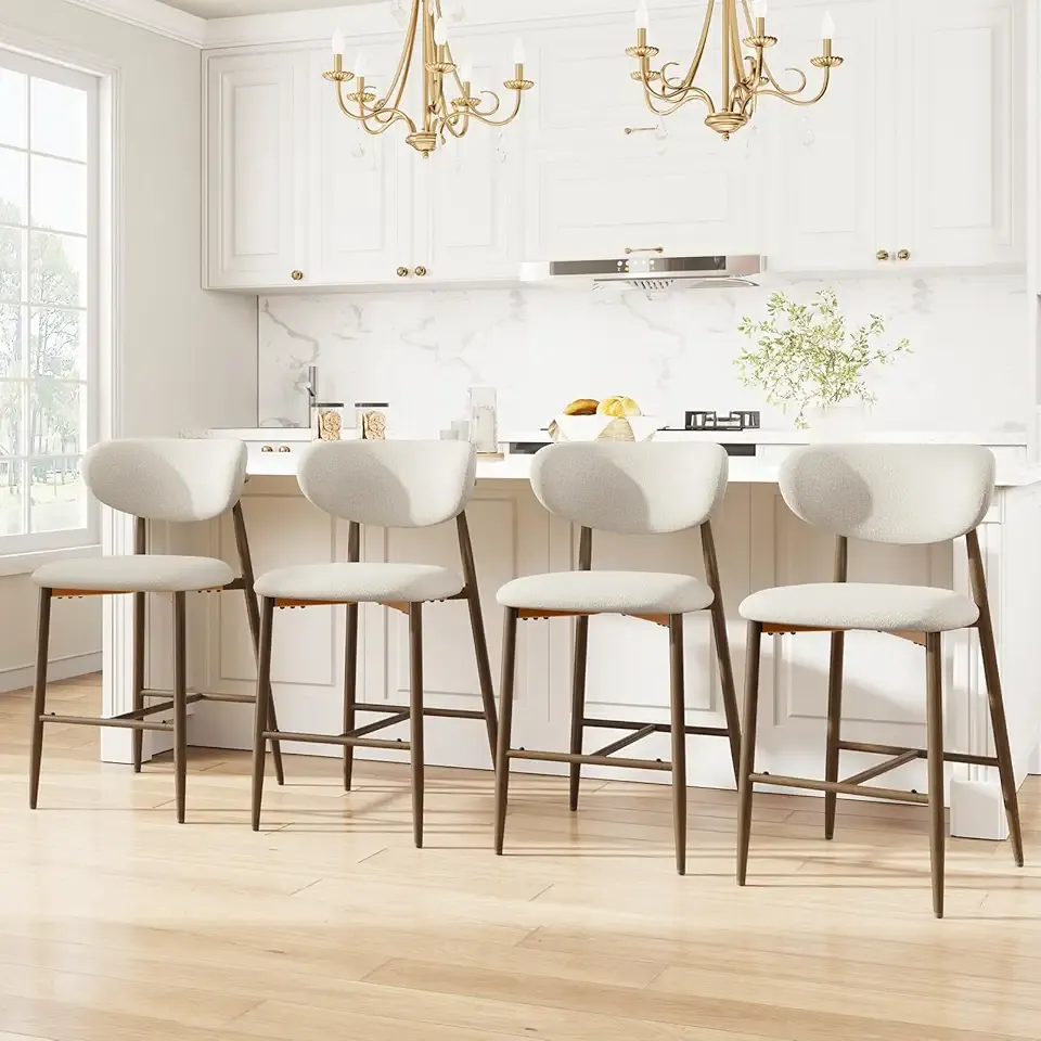 Bar Stools Set of 4, Counter Height bar stools, Kitchen Bar Stools with Backs, Modern Upholstered, Modern Bar Stools with Metal Legs for Kitchen Island, Counter, Beige