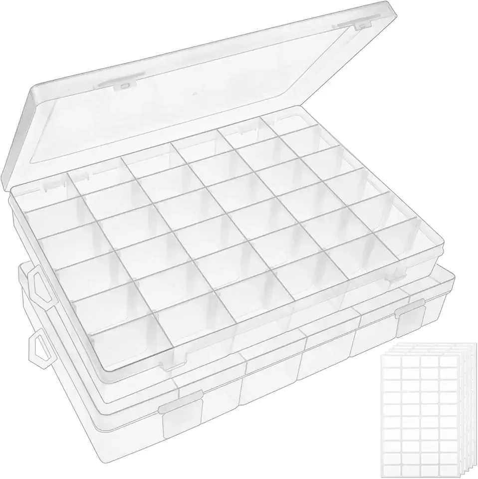 OUTUXED 2 Pack 36 Grids Clear Plastic Bead Organizer Box, Fishing Tackle Box Compartment Organizer with Adjustable Dividers for Jewelry, Art Craft, Bead Storage Containers with 5 Sheets Label Stickers
