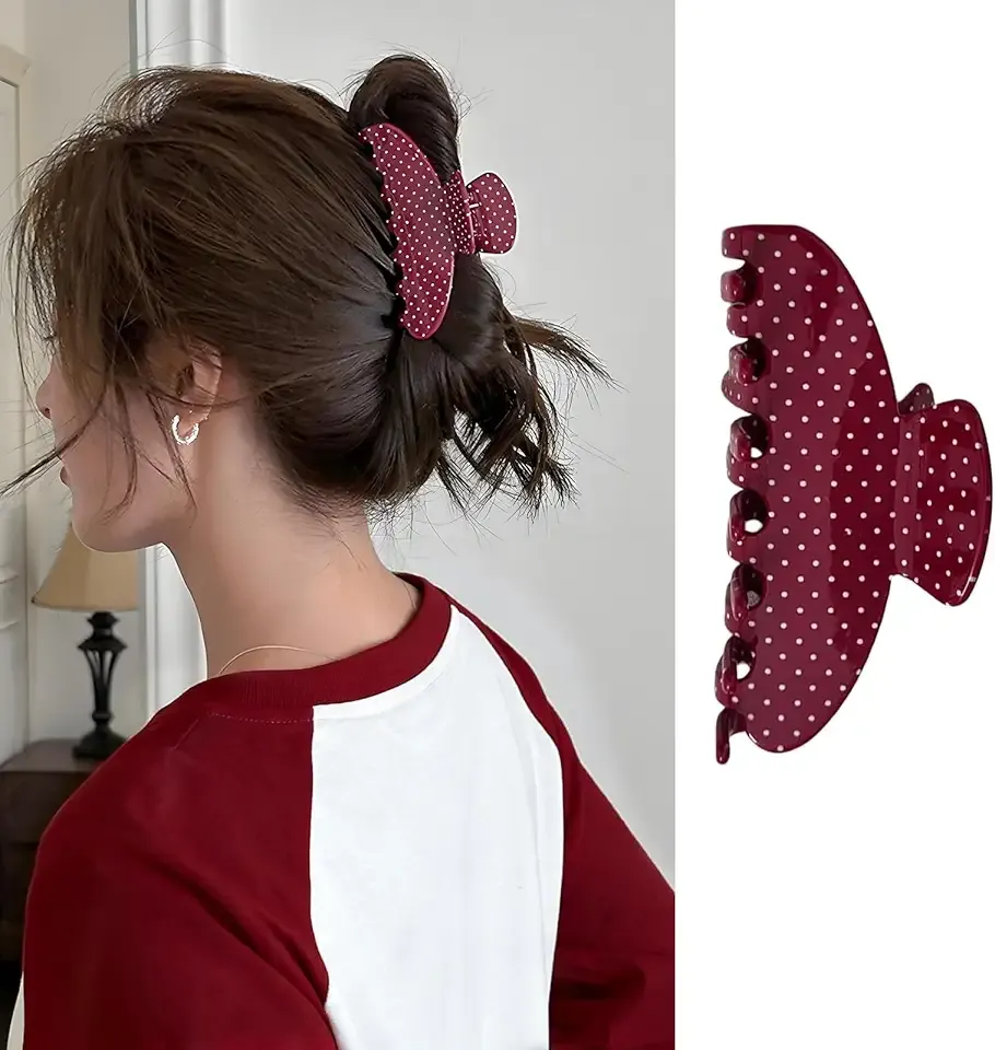 Wine Red Polka Dots Hair Claw Clips Valentine Hair Clips for Women French Jaw Clips Cute Burgundy Polka Dots Catch Clip Strong Hold Acrylic Hair Barrettes Valentines Hair Accessories Party Decoration