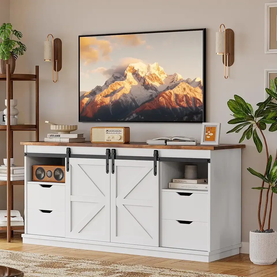 YESHOMY TV Stand for Televisions up to 65 Inchs, with Sliding Barn Doors and 4 Storage Drawers, Console Table and Media Furniture for Living Room, 58 Inch, Milk White