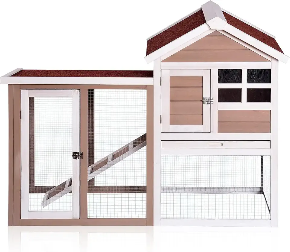 Rabbit Hutch Indoor Outdoor Large Bunny Cage 2-Story with Pull Out Tray, Lockable Doors, Wooden Chicken Coop Waterproof for Small Animals, 45.28" x 24.42" x 31.61", White (45.28" x 24.42" x 31.61")