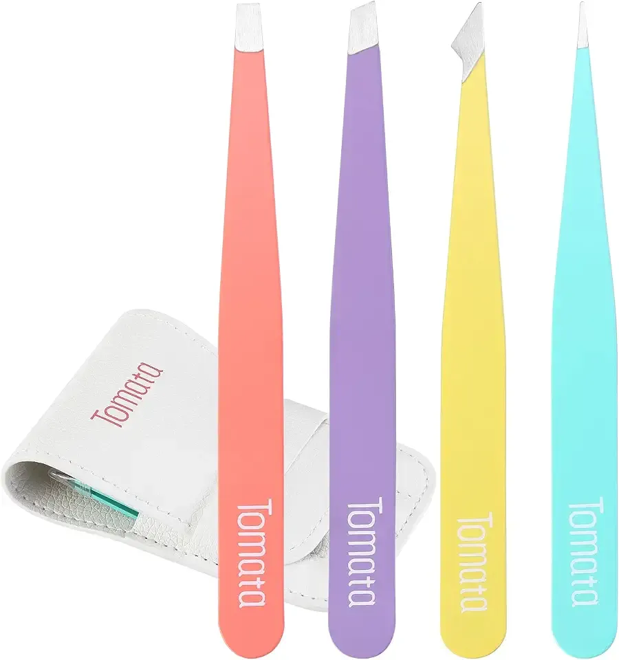 Tomata Tweezers for Eyebrows, Slant Tip and Pointed Eyebrow Tweezer Set Great Precision for Eyebrows Facial Hair, Ingrown Hair, Splinter, Blackhead and Tick Remover (4-piece) (Multi-color)