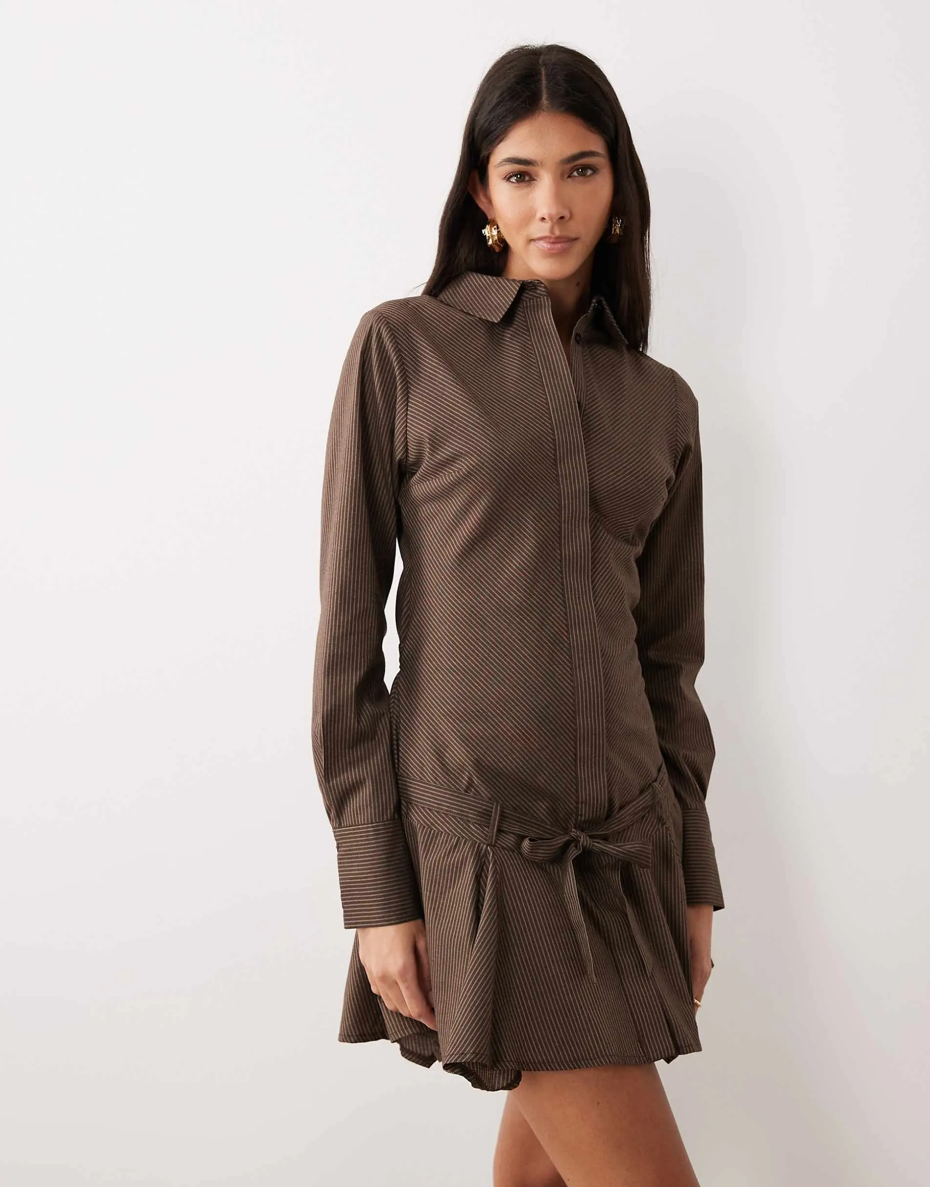 ASOS DESIGN multi tie shirt mini dress with godet skirt in chocolate stripe