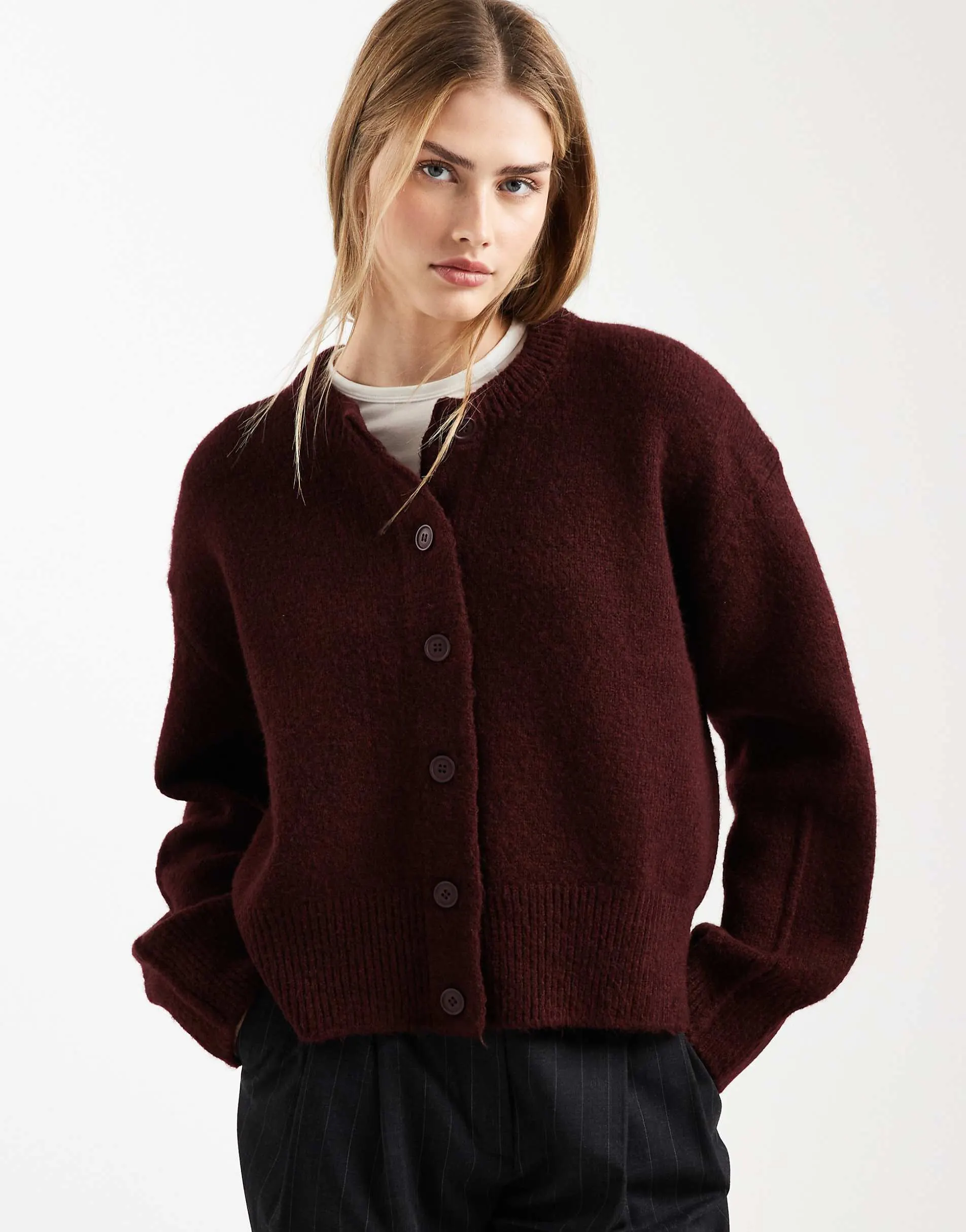 ASOS DESIGN boxy crew neck cardigan with side split detail in plum