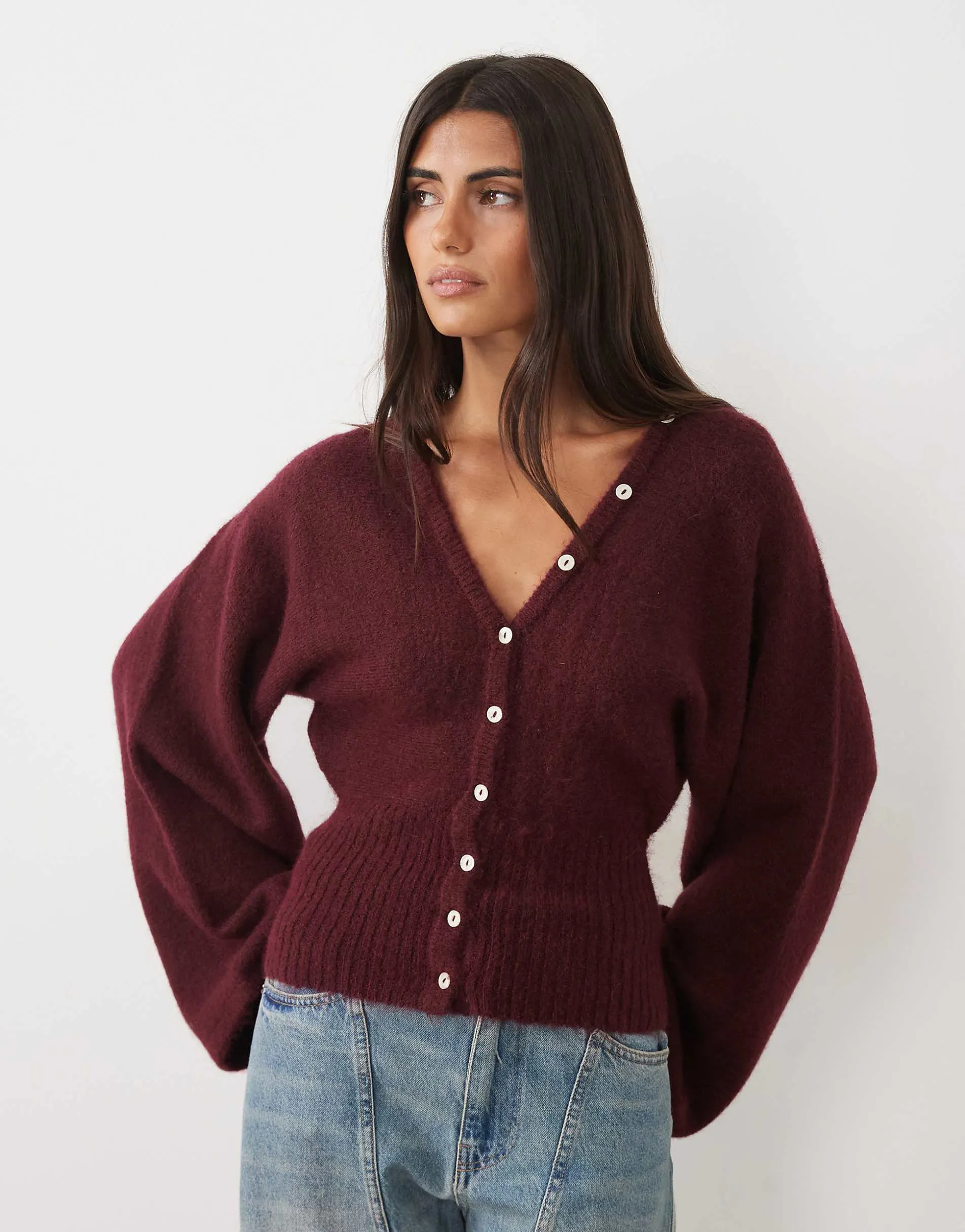 Gina Tricot alpaca sculpted fitted waist knitted cardigan with wool in burgundy