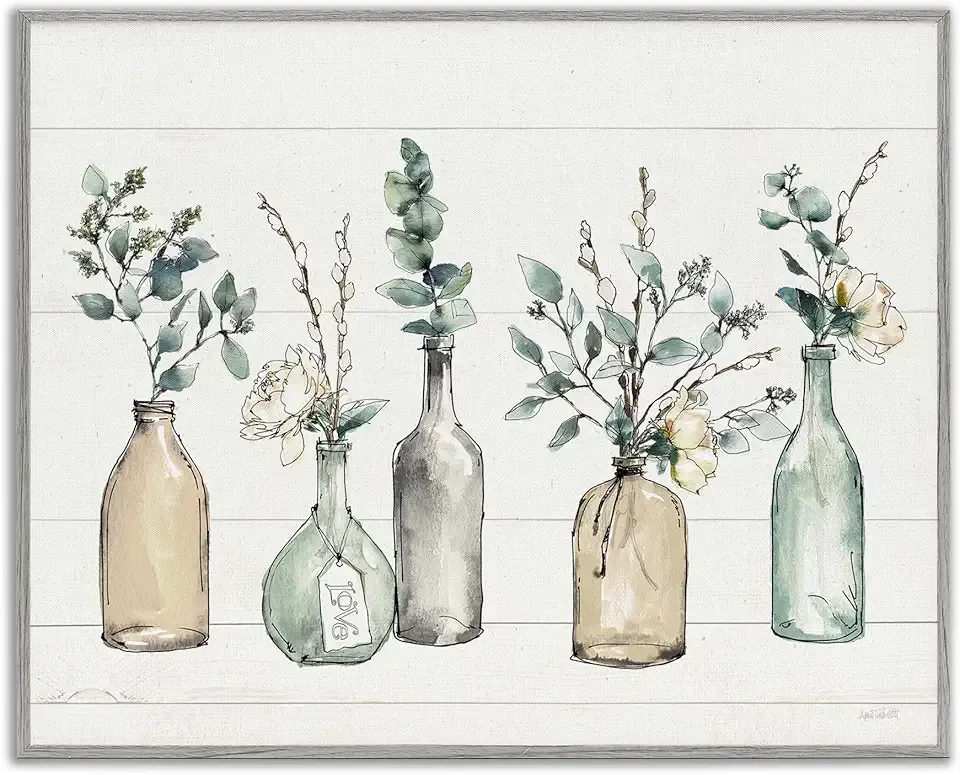 Stupell Industries Bottles and Plants Farm Wood Textured, Design by Anne Tavoletti Wall Art, 11 x 14, Multi-Color for Living Room, Grey Framed