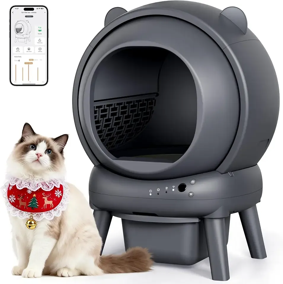 Automatic Litter Box, Self Cleaning Litter Box with App Control, Large Capacity for Multiple Cats, Noise & Odor Control, Dual Safety Sensors, Easy Maintenance with 2 Roll Garbage Bags, Gray