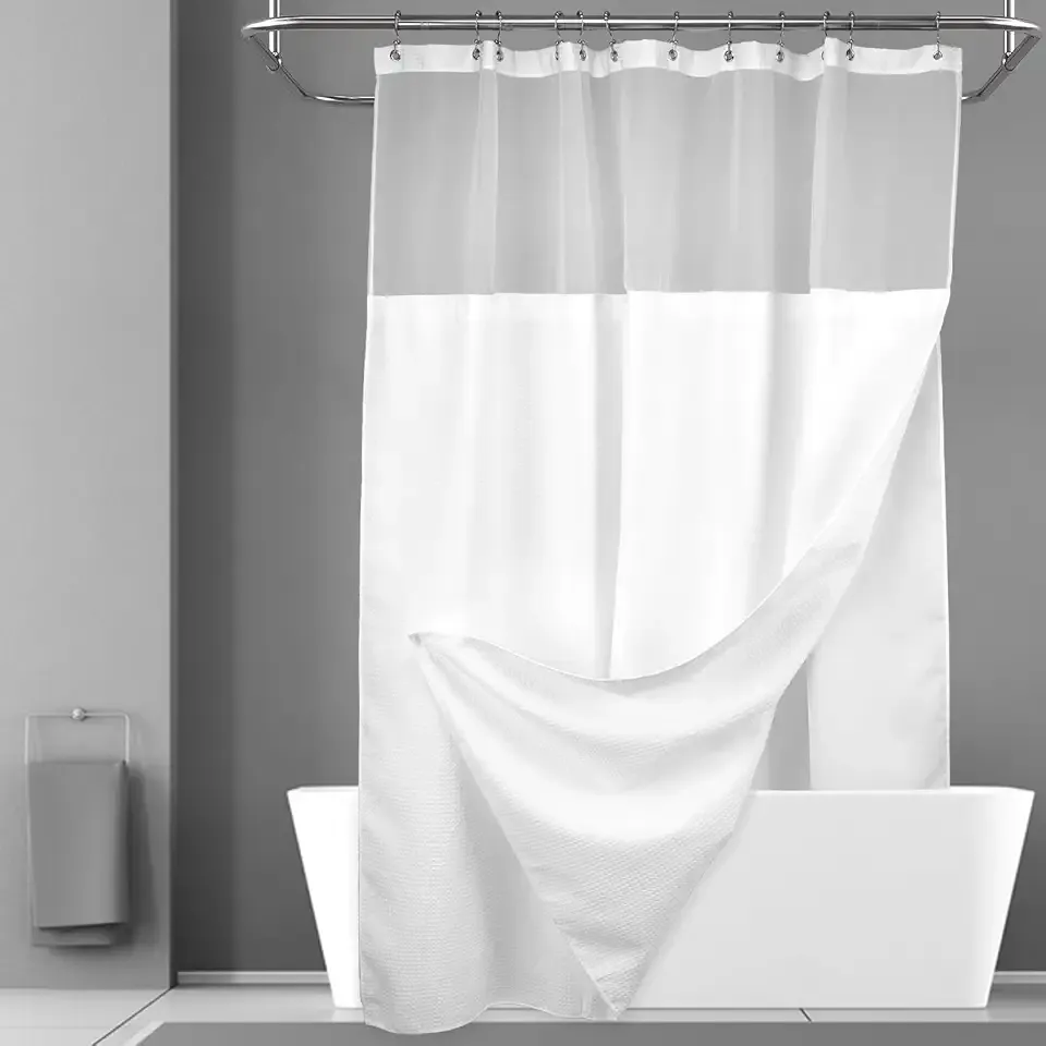 N&Y HOME Waffle Weave Shower Curtain with Snap-in Liner Set White, 71x72 | 12 Metal Hooks Included, Snap on/off Fabric Liner, Mesh Top Window, Washable, Hotel Style Shower Curtain Set for Bathroom
