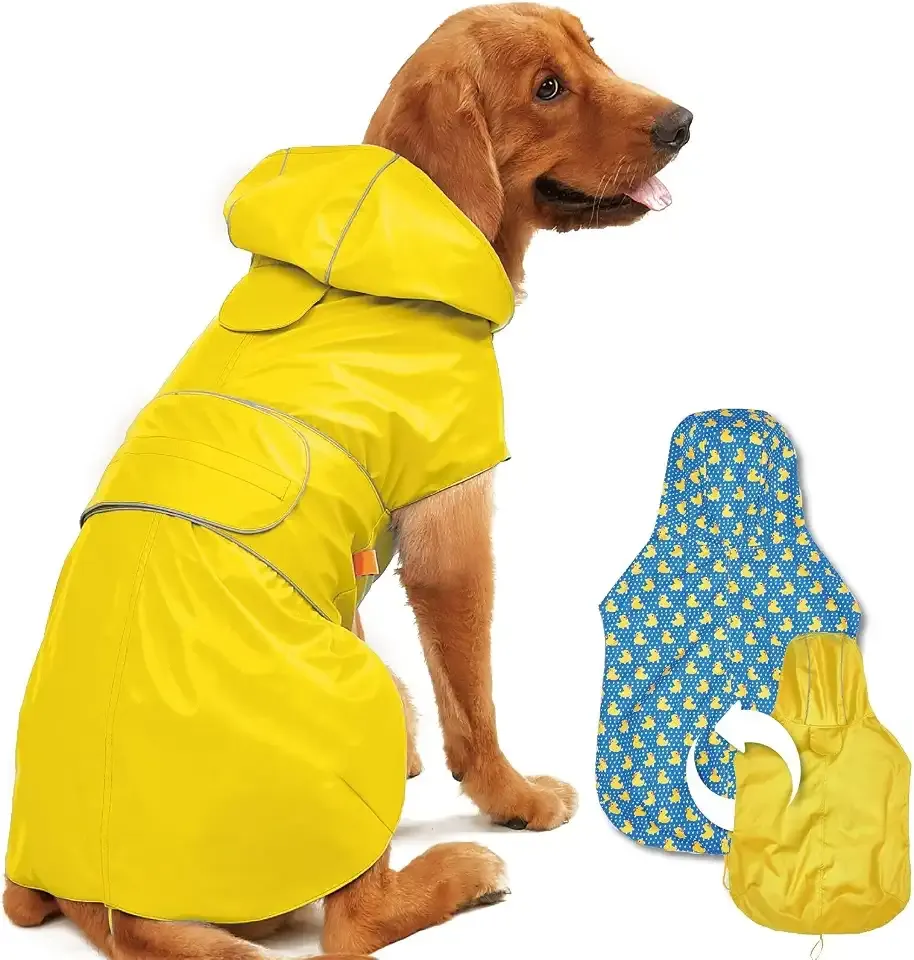 Kimee Dog Raincoat Reversible, Single Side Slicker Poncho Adjustable Waterproof Dog Rain Jacket with Leash Hole/Reflective Stripe Hooded Snowproof Windproof Clothes for Small to 3X-Large Dogs, 2XL