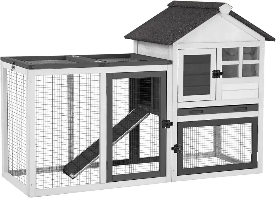 Aivituvin Rabbit Hutch Indoor Bunny Cage Outdoor with Run Chicken Coop Guinea Pig House with Waterproof Asphalt Roof,No Leakage Pull Out Tray(White)