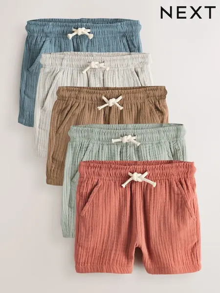 Neutral/Brown/Red/Blue/Sage Green Soft Textured Pull On Shorts 5 Pack (3mths-7yrs)