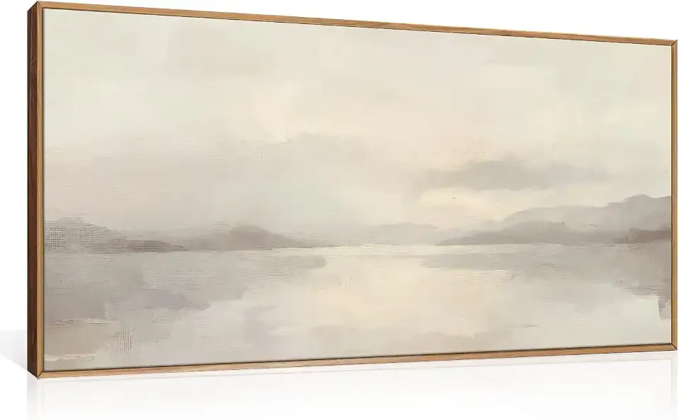 LHIUEM Large Abstract Neutral Beige Pastel Framed Canvas Wall Art,Modern Watercolor Lakes Wall Decor,Nature Mountain Minimalist Artwork for Living Room,Bedroom,Dining Room,Office -20"x40"x1