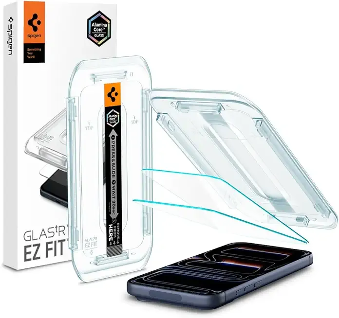 Spigen AluminaCore Tempered Glass Screen Protector [Glas.tR EZ Fit] designed for iPhone 17 Pro | iPhone 17 | iPhone 16 Pro [2 Pack] 9H+ Hardness, Aluminum-Enhanced Durability