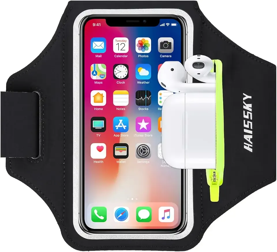 Running Armband with Earphone Bag Cell Phone Armband for iPhone 17 16 15 Pro 14 Plus 13 11 XR, Galaxy S24/S10 Water Resistant Sports Phone Holder Case & Zipper Slot Car Key Holder for 6.7 inch Phone