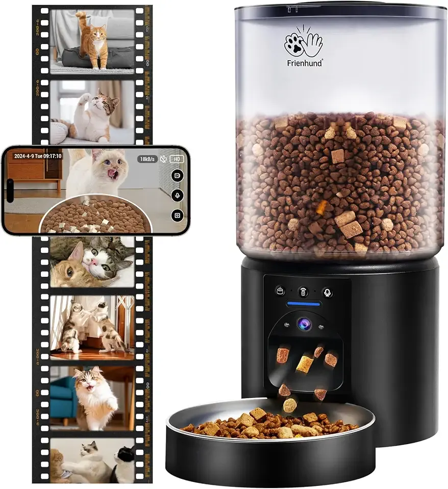 Frienhund 5L Automatic Cat Feeder with 2K HD Camera: 5G WiFi Automatic Dog Feeder with Night Vision,Cat Food Dispenser with Freshness for Multiple Pets,Detachable for Easy Clean-21 Cup (Sealed Outlet)