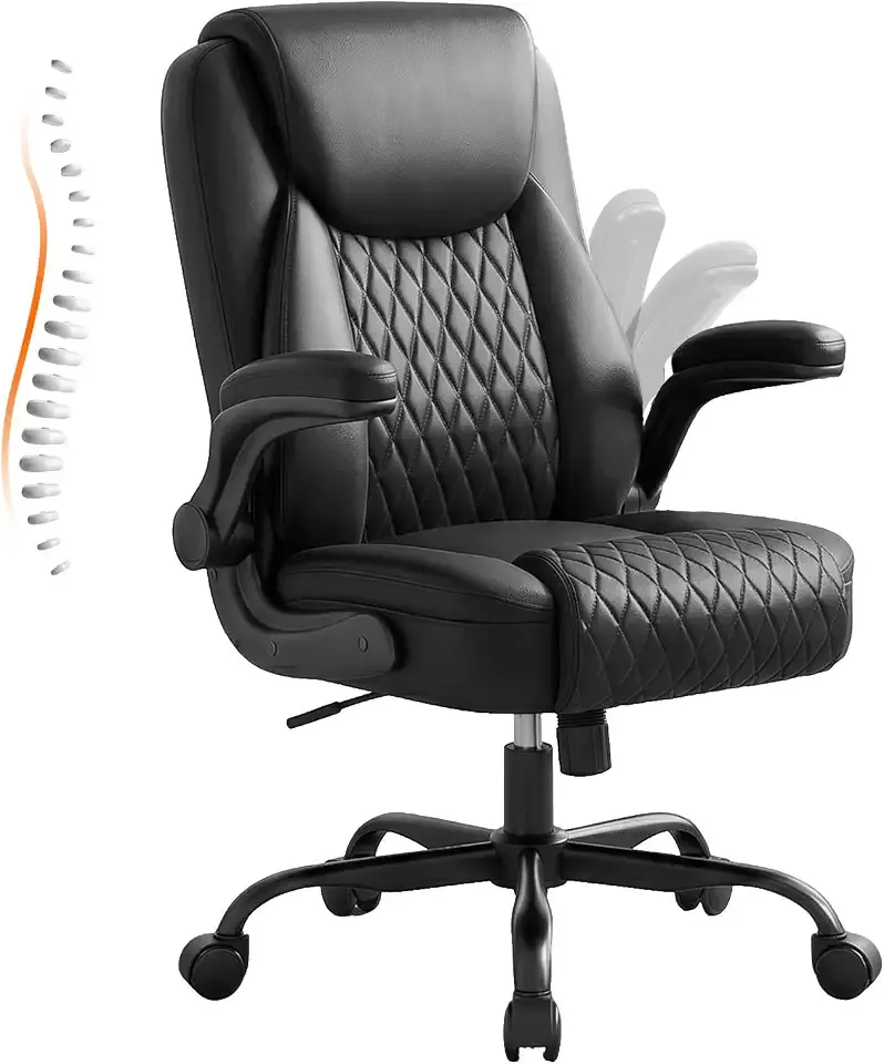 GTPLAYER PU Leather Office Chair, Home Desk Chair with Flip-up Arms, Black | Ergonomic Back, Memory Foam Cushion, Comfy Executive Chair for Home Office Gaming, Flexible Rocking, Heavy Duty Chairs