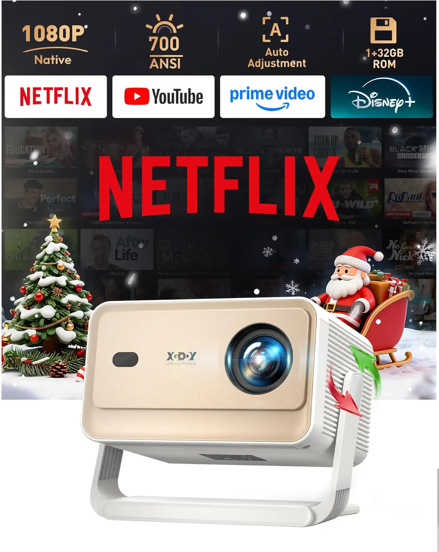 【Compatible with Netflix & Auto Focus】Xgody Gimbal N6 PRO 700 ANSI Native 1080P Smart Projector with WiFi 6 and Bluetooth, 4D Auto Keystone & Voice Controll Portable 4K Support FHD Home Projector