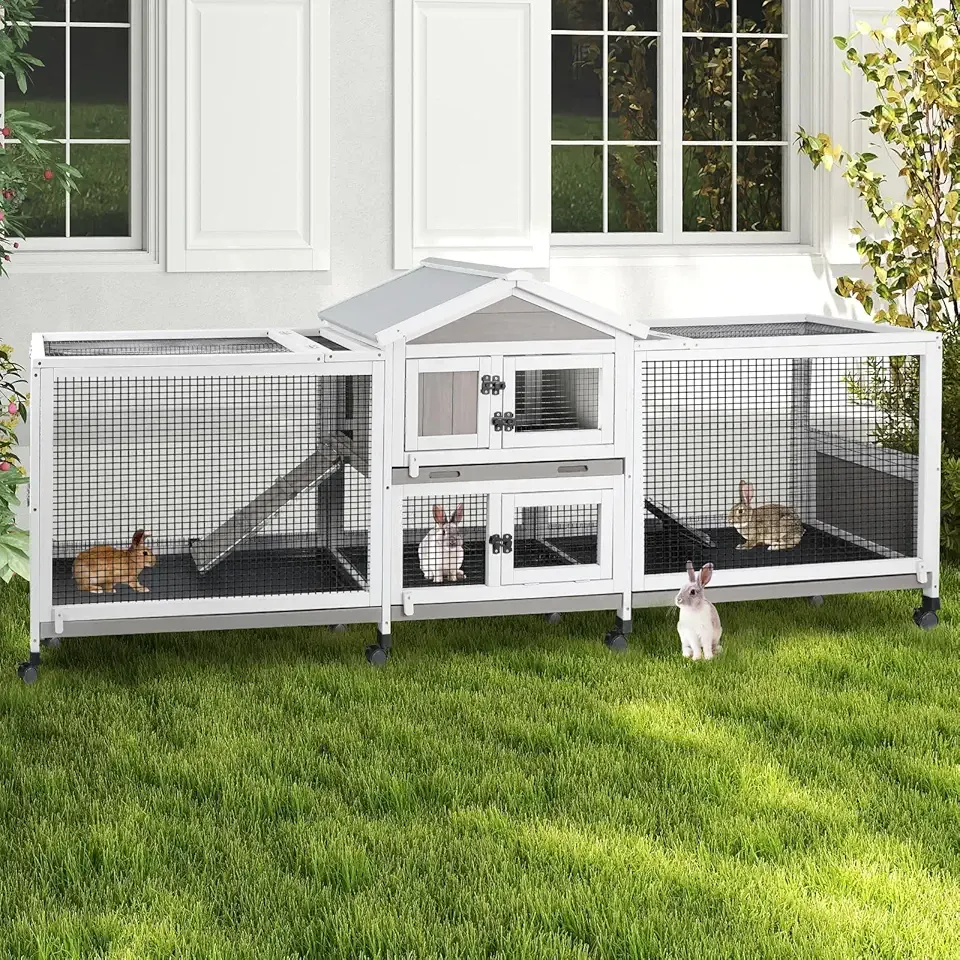 PetsCosset Double Rabbit Hutch Outdoor Indoor Large Bunny Cage with Dual Side Runs, 2-Story Wooden Hutch with 4 Leak Proof Trays, 8 Wheels, Waterproof Roof, Ramp, for Small to Medium Animals