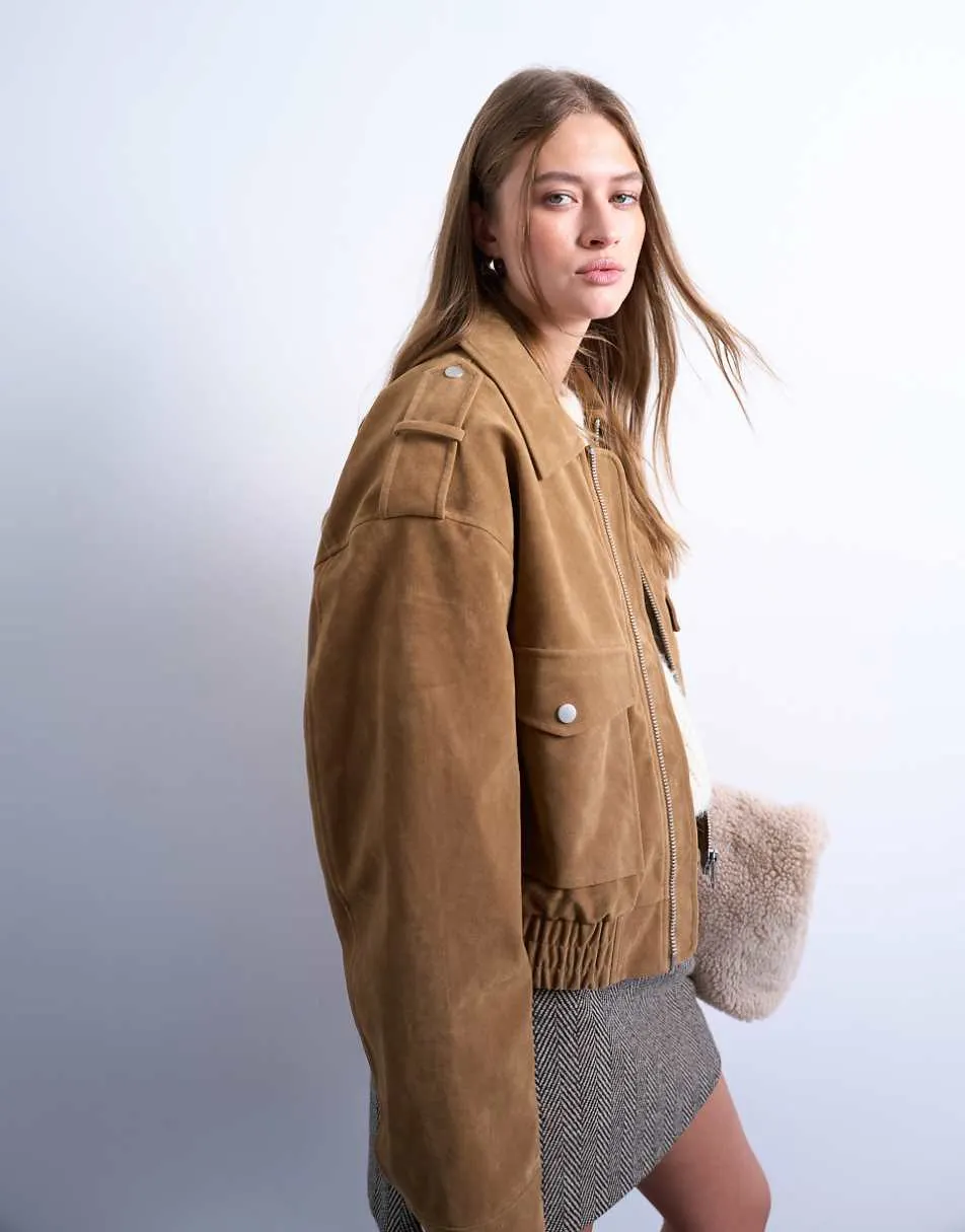 Topshop cropped faux suede bomber jacket with popper details in camel