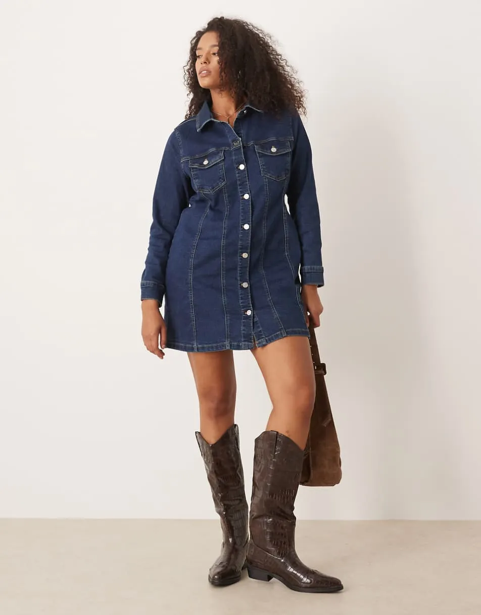 ASOS DESIGN Curve denim long sleeve fitted shirt mini dress in rinse