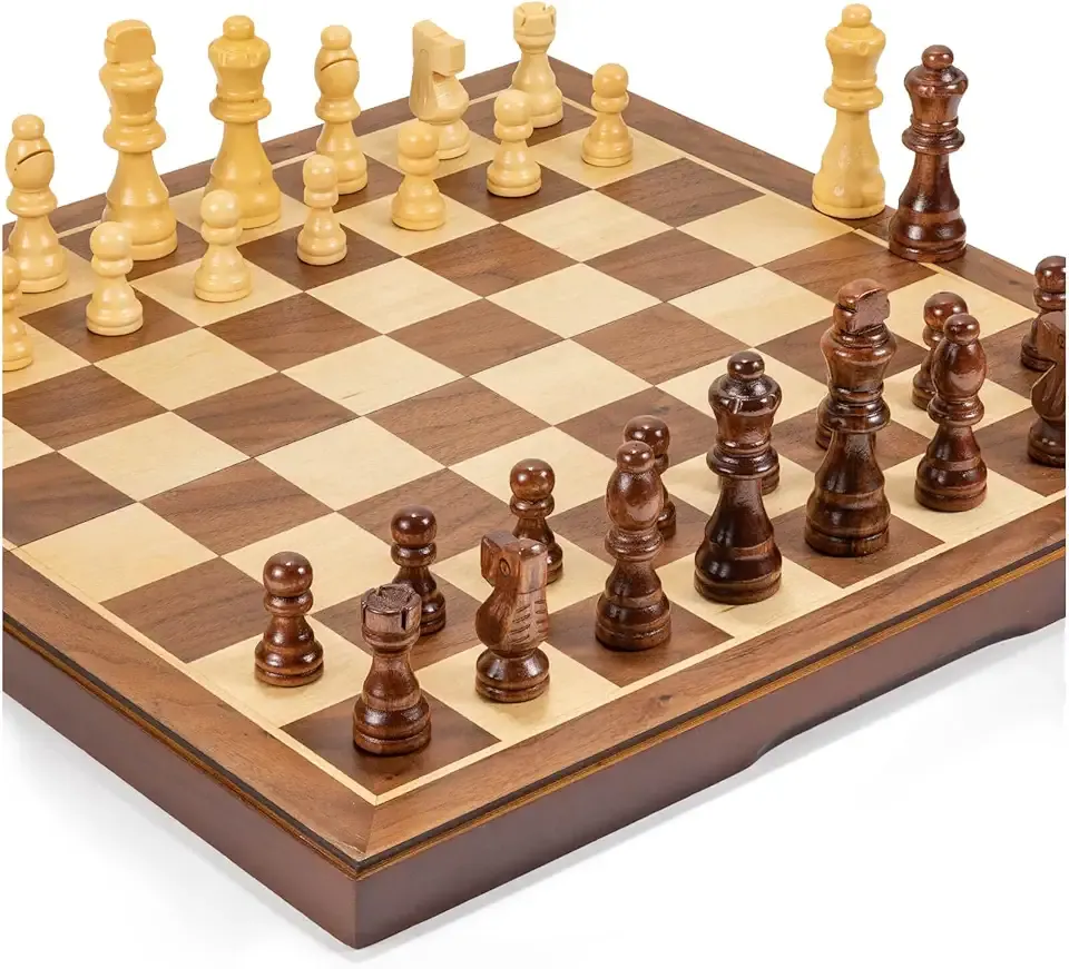Chess Set Board Games for Adults: Handmade Walnut Wooden 15" 2 Extra Queens Folding Portable Travel Chess Game, Gift idea, Pieces Storage Slots,Instructions