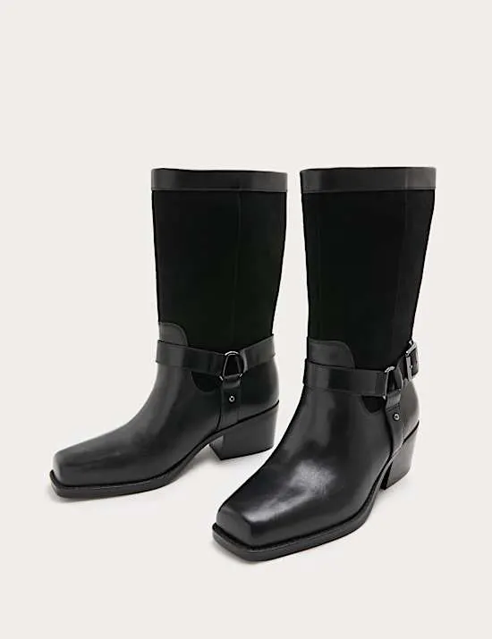 Leather Biker Buckle Block Heel Mid Calf Boots