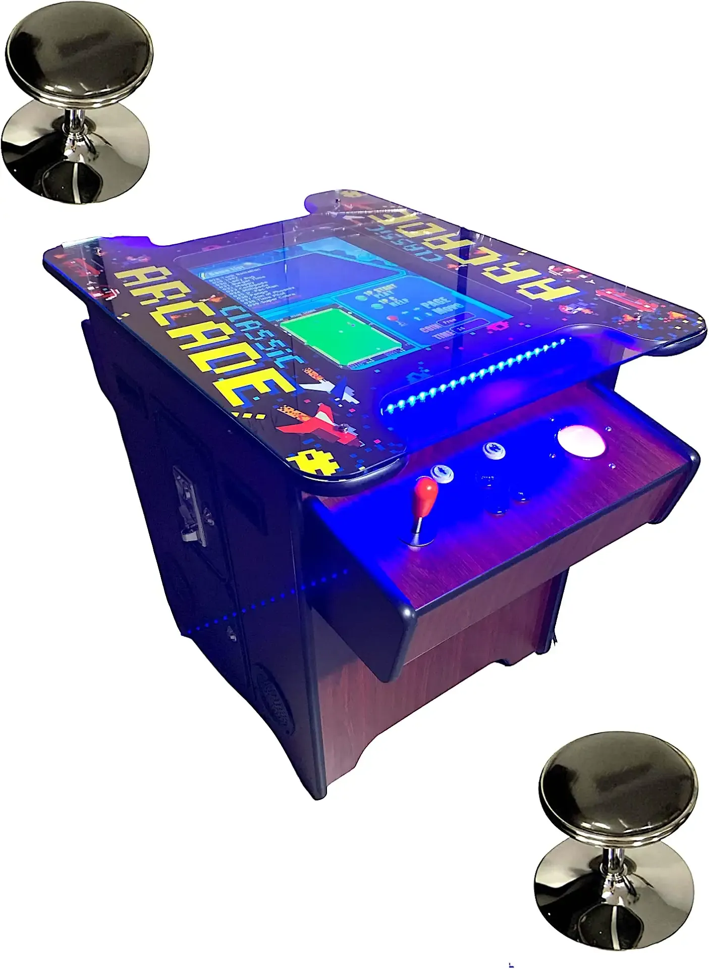 Top Us Video Arcades Full Size Commercial Grade Cocktail Arcade Machine 2 Player Upgraded Trackballs 412 Games 22" LCD Screen Tempered Glass 2 Stools Included 5 Year Warranty Dark Wood