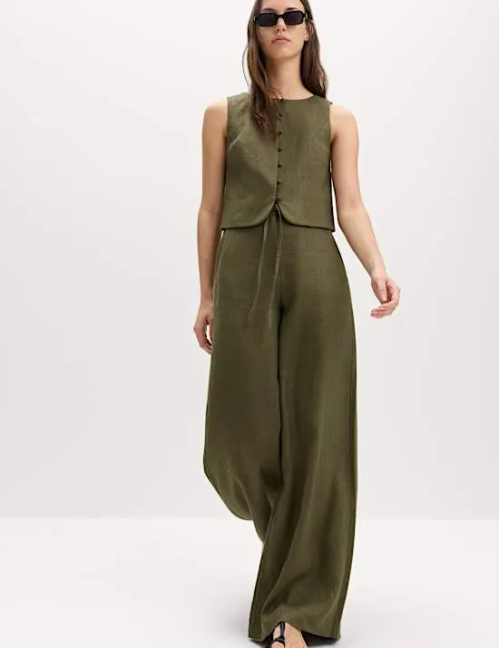 Linen Rich Twill Drawstring Wide Leg Trousers