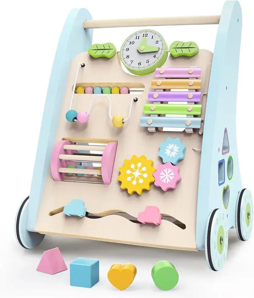 Wooden Baby Walker,Adjustable Speed Push Walker with Wheels and Learning Activity Center,Montessori Walker for Babies 12 Months,Baby Walker Push Toys for Baby Boys and Girls Gifts (Blue)