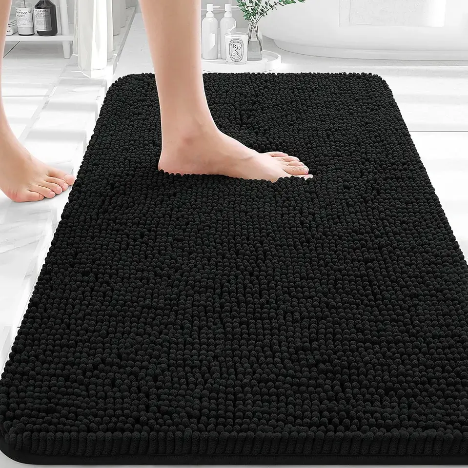 OLANLY Black Bathroom Rug 30x20, Extra Soft Absorbent Chenille Bath Rugs | Non-Slip Quick-Drying Rubber Backing, Machine Washable Plush Bath Mat for Floor, Tub and Shower, Home Decor Accessories