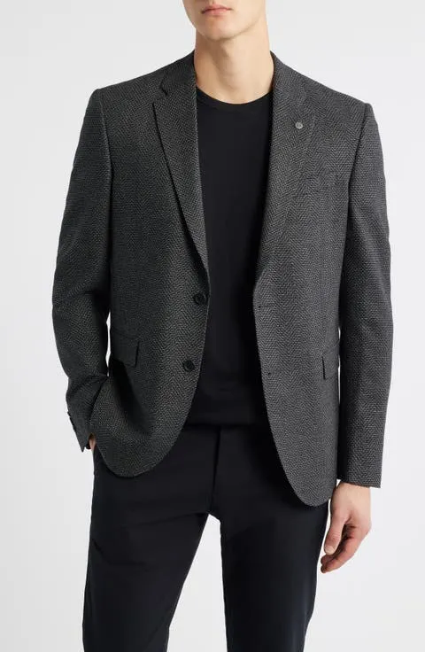 Ross Slim Fit Off Black Textured Herringbone Sport Coat