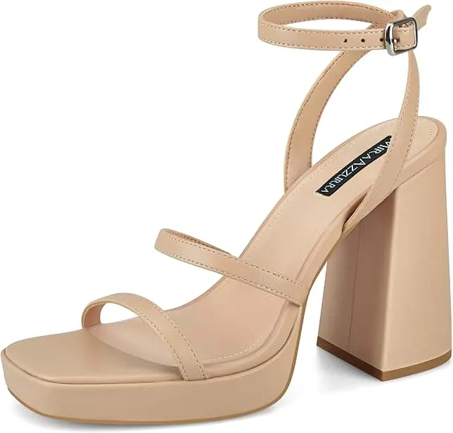 MIRAAZZURRA Platform Strappy Heel Sandals Square Open Toe Two Strap Chunky High Heeled Sandals with Buckle Ankle Strap for Women Party Wedding Dress