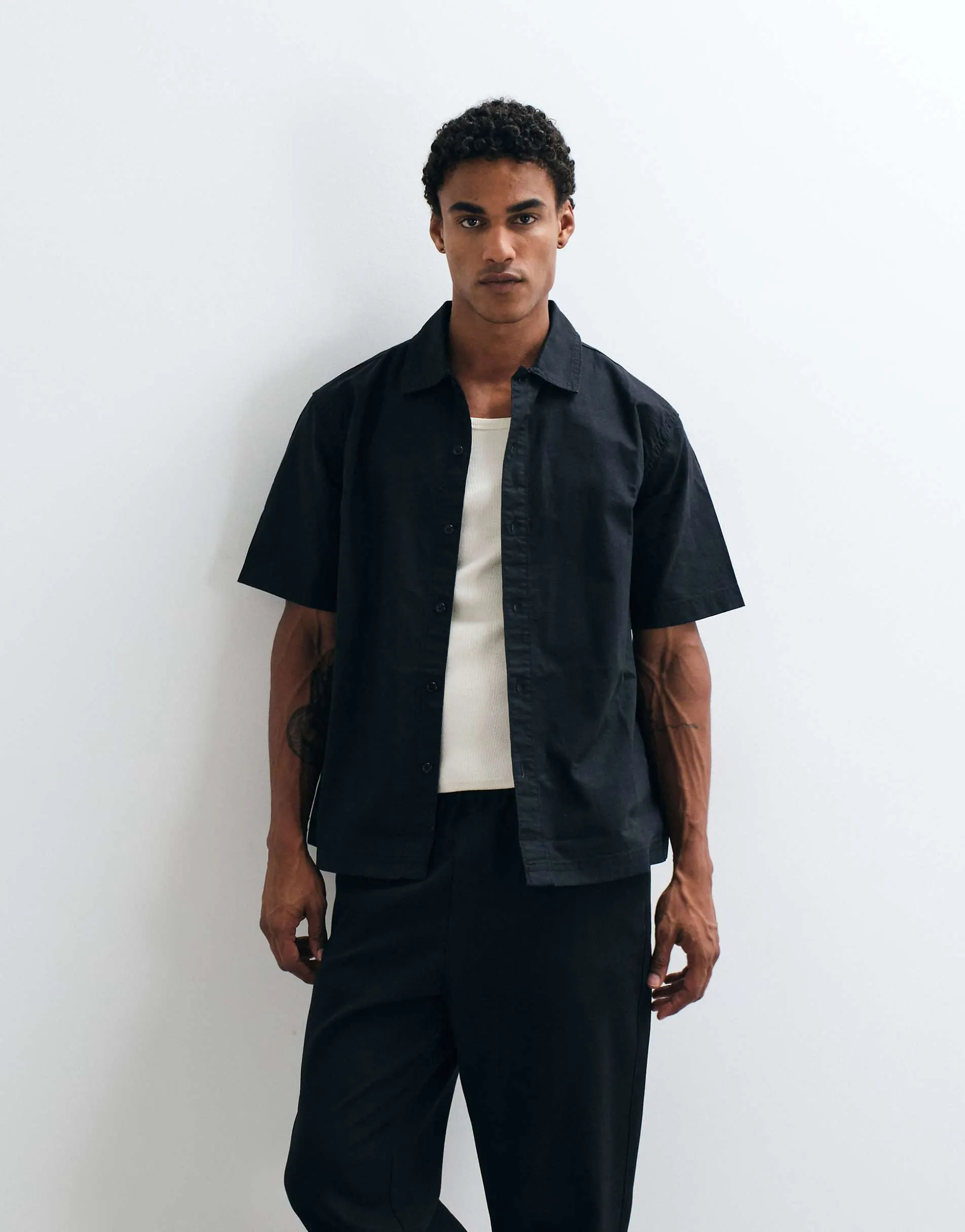 ASOS DESIGN short sleeve linen shirt in black